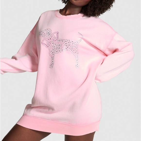 PINK x LoveShackFancy Pink Crewneck Sweatshirt Dress dog crystals shine - Picture 3 of 16